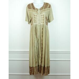 Vintage 90s XL Maxi Dress Embroidered Crinkle Festival Grunge Renaissance Button